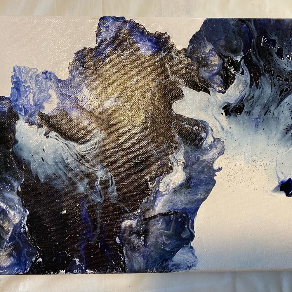 Acrylic pour painting 4 x 6 canvas- blue, white, black.